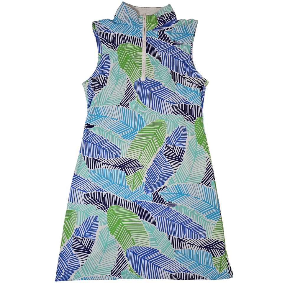 IBKUL Womens Blue Green Tropical Leaf Print SleevelessGolf DressSize M Mock Neck